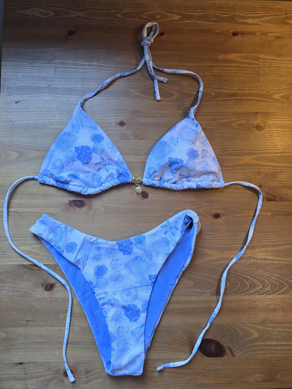 Light Blue Seashell Print Triangle Bikini Set